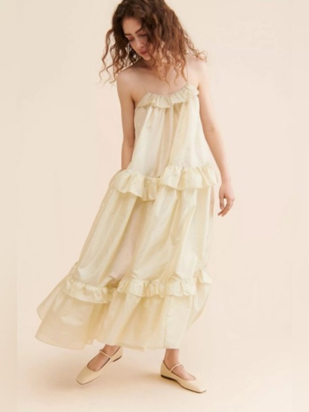 Stella Nova Sunniva Tiered Maxi Dress Yellow Metallic Strappy Anthropologie S/M